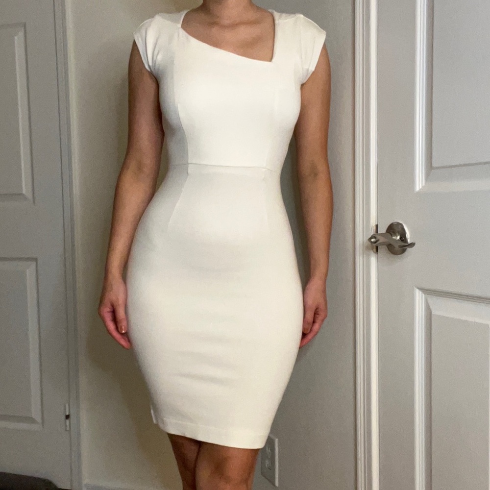 White Asymmetrical Neck Sheath Dress